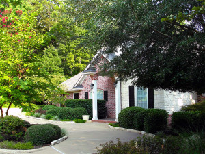 Balancing the “weights” of asymmetrical architectural features and varied building materials often requires large trees, extended hedges or heavily textured plantings.